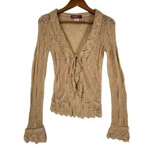 VTG Y2k Crochet Open Knit Tie Front Cardigan Wrapper SIZE MEDIUM Tan USA Ruffle